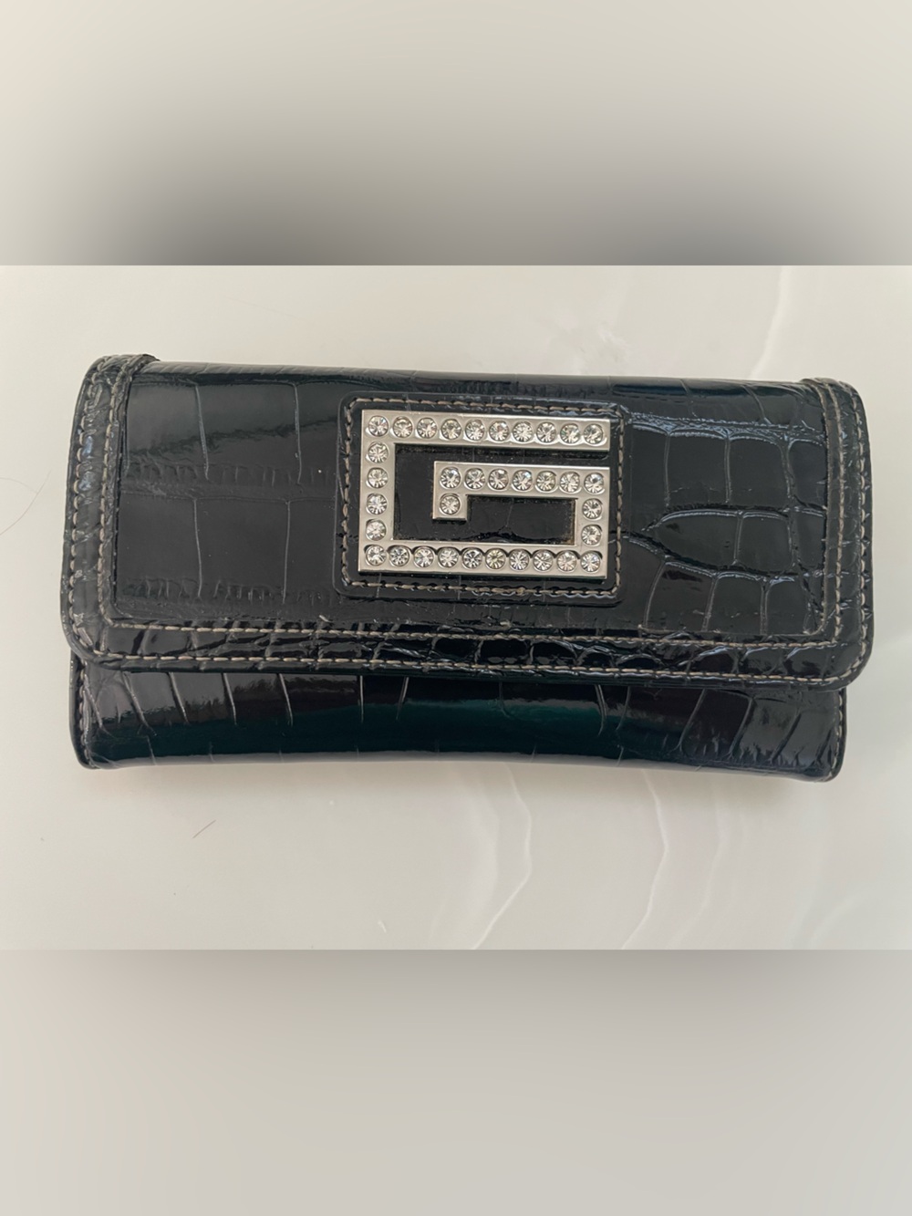Y2K Guess Black Croc-Embossed Patent Wallet with Crystal G Accent